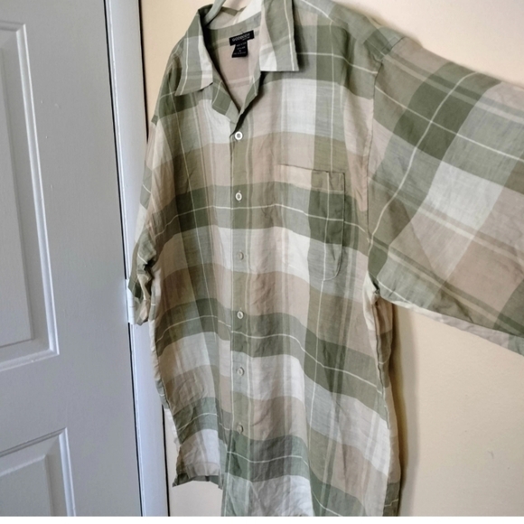 Godbody Linen Button Up Tan Olive Green Plaid Shirt XL Vacation Travel Weekend - Picture 2 of 4